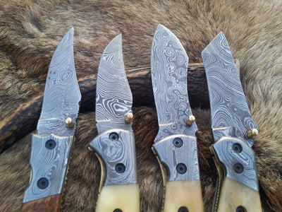 Burl olivewood handle Damascus steel pocket knife with Damascus bolster from the Trio Edge set
