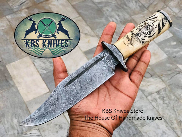 "Best Hunting Bowie Knife with Damascus Blade and Hand Engraved Bone Handle, 12 Inches, Leather Sheath, Available at KBS Knives Store"