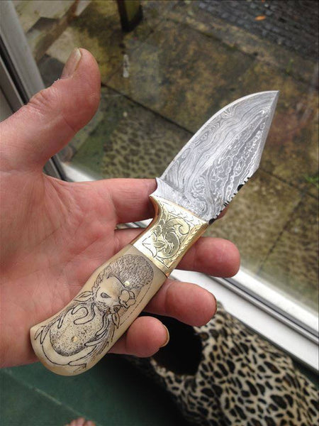 Hand Made Damascus Skinning Knife With Hand Engraved Bone