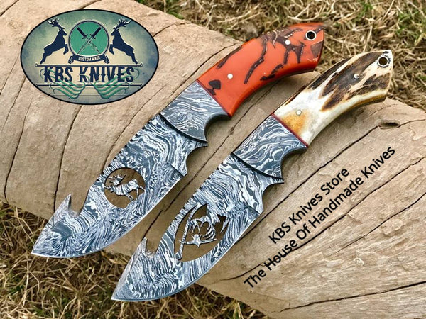 New Full Tang Custom Handmade Damascus Steel Wirecut Blades Guthook Hunting Skinning Knives