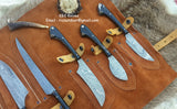 Leather roll and sheaths included with Damascus steel hunting knives set





