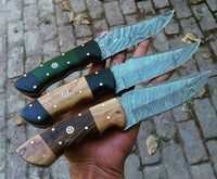 A trio of premium Damascus hunting knives with 9-inch blades, showcasing distinctive handles made from Micarta G10 in black and green, Olive Wood and Black Micarta G10, and Rosewood and Olive Wood. Each knife comes with a leather sheath for secure and stylish storage, perfect for outdoor enthusiasts.