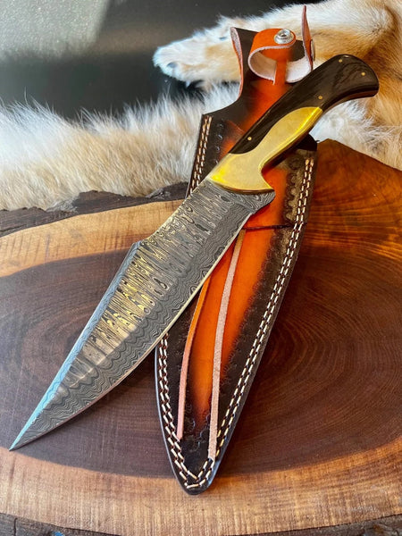 Custom Handmade Damascus Steel Bowie Hunting Knife Natural Wood