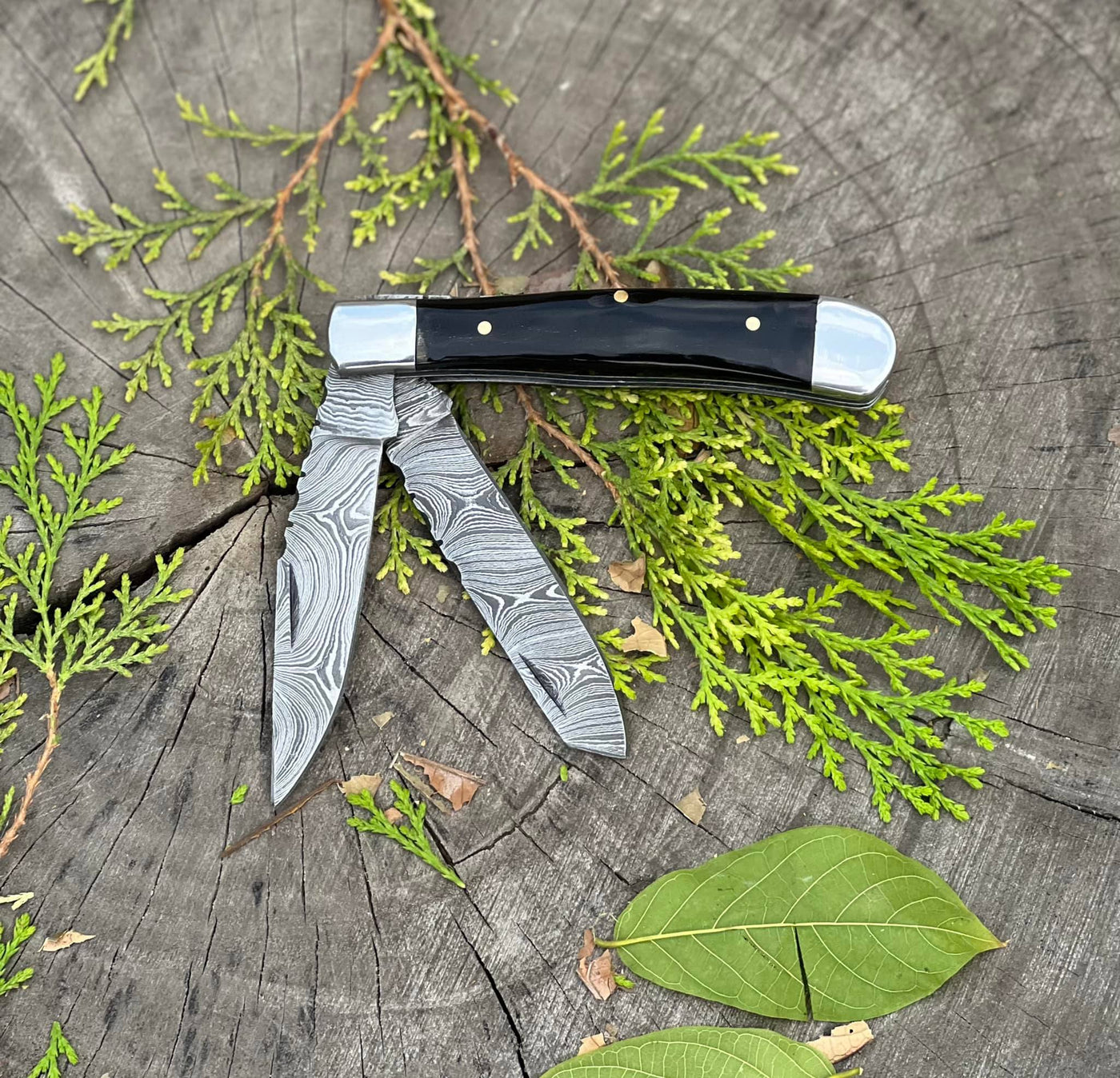 "2 Blades Damascus Handmade Custom Trapper Folding Pocket Knife with Buffalo Horn and Steel Bolsters Handle, 3.2-inch Blade Length for Each Blade, and Leather Case by KBS Knives Store"