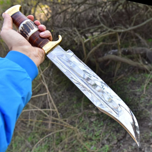 D2 Steel Bowie Knife with Antler Horn Handle and Stacked Leather