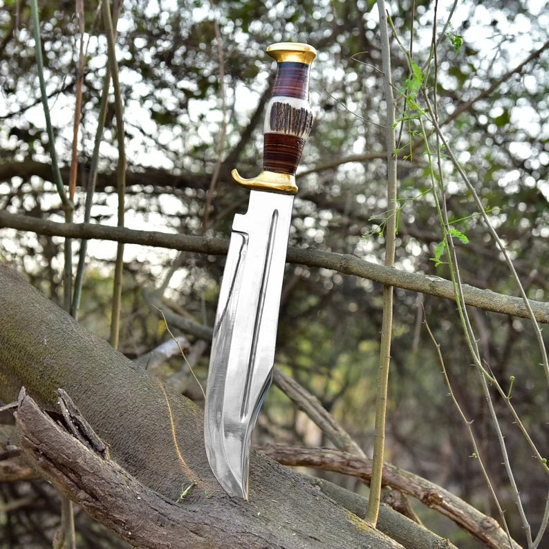 High-Carbon Steel Bowie Knife with Brass Guards and Leather Sheath