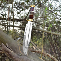 High-Carbon Steel Bowie Knife with Brass Guards and Leather Sheath