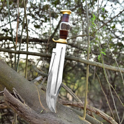 High-Carbon Steel Bowie Knife with Brass Guards and Leather Sheath