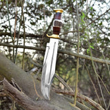 High-Carbon Steel Bowie Knife with Brass Guards and Leather Sheath