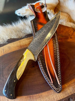 Damascus Steel Bowie Knife with Wenge Wood and Brass Bolster Handle
