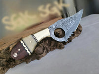 Damascus Steel Handmade Finger Hole Skinning Knife with Bone-Rose Wood and Brass Bolster Handle, Serrated Edge