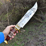 11-inch Blade Bowie Knife with Antler Horn Handle and Stacked Leather Wrap