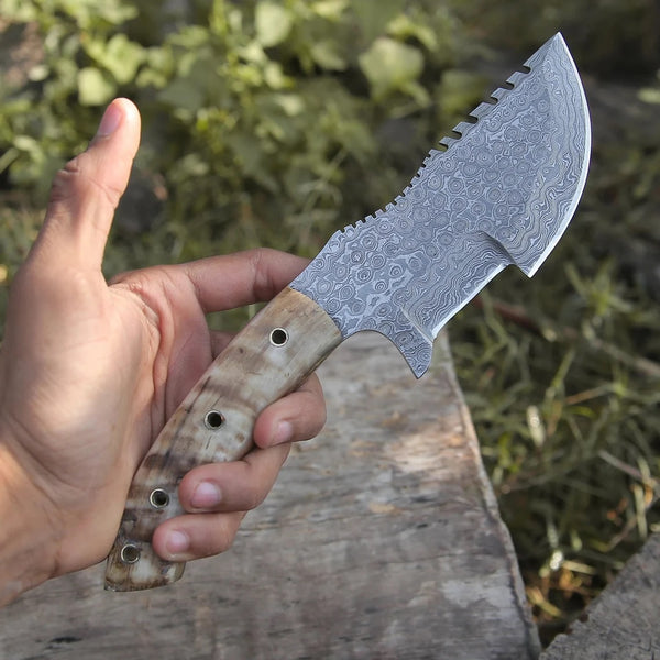 Custom Handmade Raindrop Damascus Tracker Knife with Sheep Horn Handle by KBS Knives Store