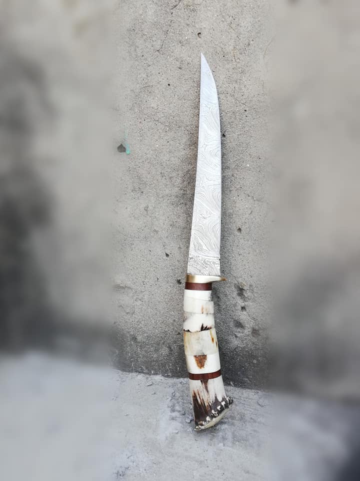 Damascus Steel Handmade Fillet Boning Knife with Stag Horn, Bone and Brass Finger Guard Handle, 12-Inch Overall Length and Leather Sheath by KBS Knives Store
