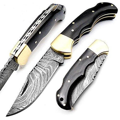 Custom Handmade Damascus Steel EDC Folding Pocket Knife with Buffalo Horn and Brass Bolster Handle, Blade Length 3 Inches with Leather Case by KBS Knives Store