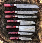 7-piece kitchen knives set with Twist Damascus steel blades, Exotic Wood handles, and steel bolsters, elegantly stored in a leather roll. Culinary sophistication at its finest.