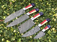 5-piece kitchen knives set with Twist Damascus steel blades, Bone and Exotic Color Wood handles, and steel bolsters. Includes a leather roll for stylish storage and easy portability. Culinary perfection in every cut.
