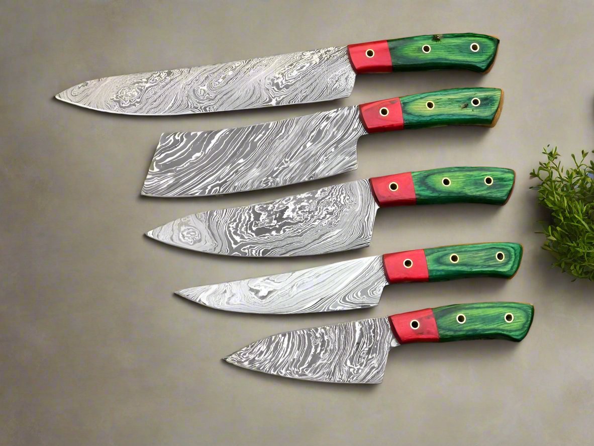 VerdantInferno kitchen knife set with Damascus steel blades and exotic green and red wood handles