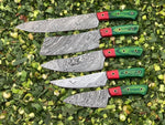 5-piece kitchen knives set with Twist Damascus steel blades and handles made from Exotic Color Wood. Perfectly stored in a leather roll for culinary excellence.