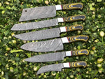 6-piece kitchen knives set with Twist Damascus steel blades, Exotic Wood handles, and steel bolsters, presented in a leather roll. Culinary sophistication at your fingertips.