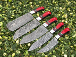 5-piece kitchen knives set with Twist Damascus steel blades, Exotic Color Wood handles with Steel Bolsters, elegantly stored in a leather roll. The epitome of culinary artistry.
