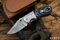 Custom Handmade Damascus Steel EDC Small Folding Pocket Knife with Canvas Micarta Handle and Leather Case by KBS Knives Store.