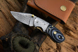Custom Handmade Damascus Steel EDC Small Folding Pocket Knife with Canvas Micarta Handle and Leather Case by KBS Knives Store.