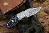 Custom Handmade Damascus Steel EDC Small Folding Pocket Knife with Canvas Micarta Handle and Leather Case by KBS Knives Store.