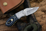 Custom Handmade Damascus Steel EDC Small Folding Pocket Knife with Canvas Micarta Handle and Leather Case by KBS Knives Store.