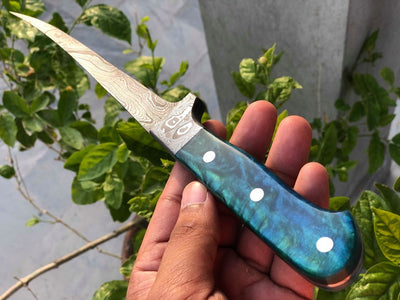 Damascus Steel Handmade Fillet Boning Knife with Epoxy Resin Handle, 12-Inch Overall Length and Leather Sheath by KBS Knives Store
