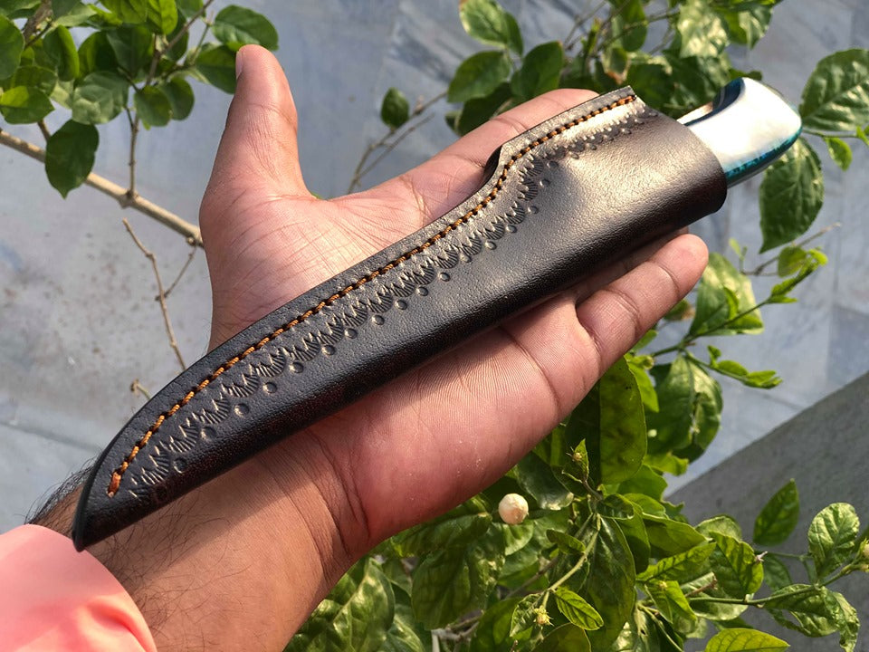 Damascus Steel Handmade Fillet Boning Knife with Epoxy Resin Handle, 12-Inch Overall Length and Leather Sheath by KBS Knives Store