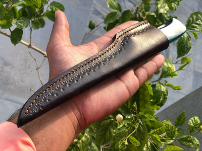 Damascus Steel Handmade Fillet Boning Knife with Epoxy Resin Handle, 12-Inch Overall Length and Leather Sheath by KBS Knives Store