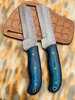 "Ranch Cowboy Custom Handmade Damascus Steel Bull Cutter Knife with Exotic Pakka Wood Handle, 8.5 Inches, and Leather Sheath, Available at KBS Knives Store"