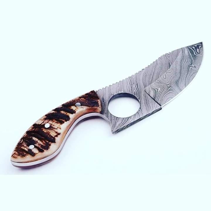 Finger Hole Damascus Steel Skinning Knife KBS Knives Store