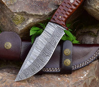 Behold the beauty of the Damascus Steel Hunting Knife featuring a Rose Wood Handle, 10 inches long, and accompanied by a leather sheath.