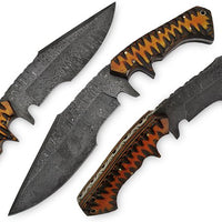 Custom Handmade Damascus Steel Survival Knife with Exotic Wood Handle - 13 Inch Overall Length, Horizontal Leather Sheath