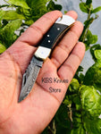 Custom Handmade Damascus Steel Small Folding Pocket Knife with Buffalo Horn Handle and Leather Case by KBS Knives Store.