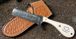 Custom Handmade Damascus Steel Cowboy Knife with Bone Handle and Leather Sheath