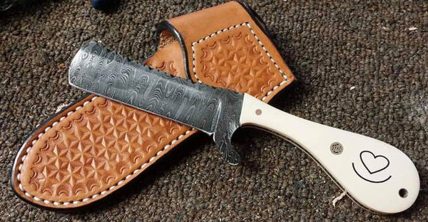 Custom Handmade Damascus Steel Cowboy Knife with Bone Handle and Leather Sheath