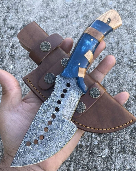 Damascus Steel Handmade Tom Brown Tracker Knife with Raindrops Pattern and Epoxy Resin Handle - 10 Inches Overall Length - Leather Sheath Included - For Sale at KBS Knives Store - Perfect for Hunting, Camping, and Outdoor Activities