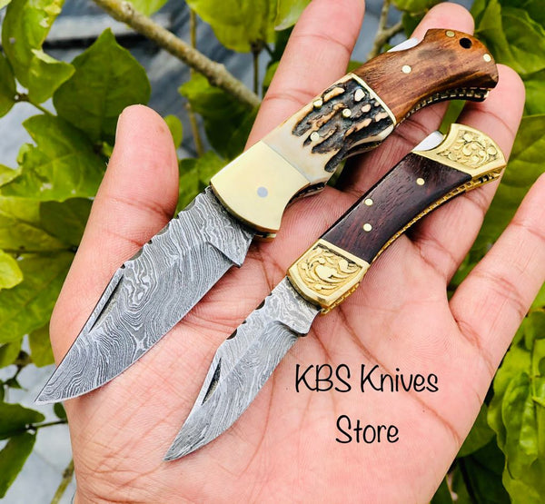 Pair Of Damascus Blade Edc Folding Knives