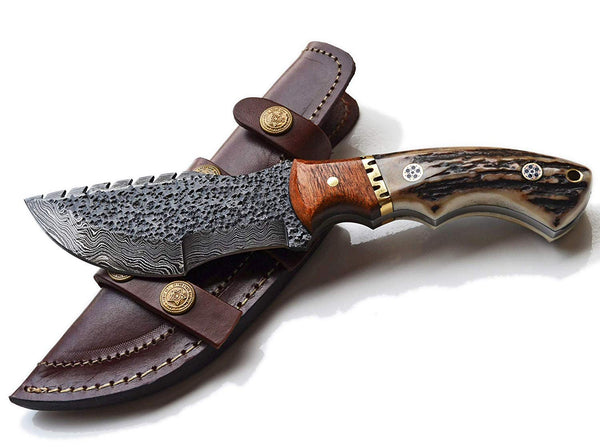 Custom Hand Forged Damascus Steel Tom Brown Tracker Knife with Antler Horn Handle, Rose Wood Bolster, and Brass Spacer