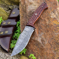 Damascus Steel Hunting Knife with Rose Wood Handle, 10 inches, and leather sheath
