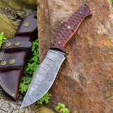 Damascus Steel Hunting Knife with Rose Wood Handle, 10 inches, and leather sheath