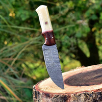 Damascus Skinning Knife With Bone-Rose Wood Handle