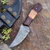 Damascus Skinning Knife With Rose Wood and Olive Wood Handle