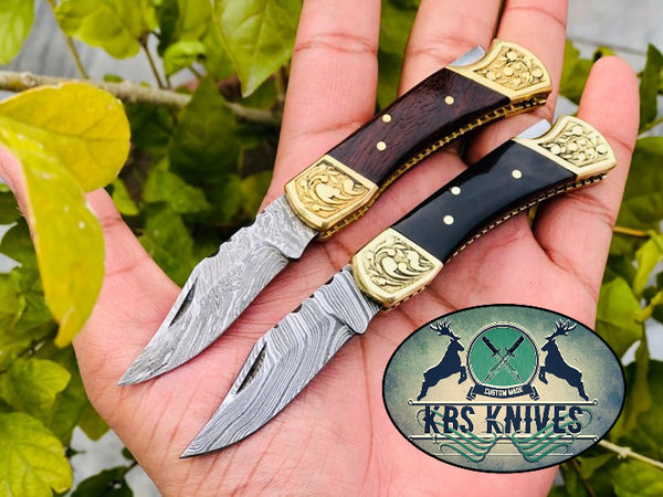 Pair of Custom Handmade Damascus Steel Small Folding Pocket Knives with Rosewood and Buffalo Horn Handles and Leather Case by KBS Knives Store