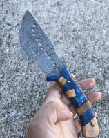 Damascus Steel Handmade Tom Brown Tracker Knife with Raindrops Pattern and Epoxy Resin Handle - 10 Inches Overall Length - Leather Sheath Included - For Sale at KBS Knives Store - Perfect for Hunting, Camping, and Outdoor Activities