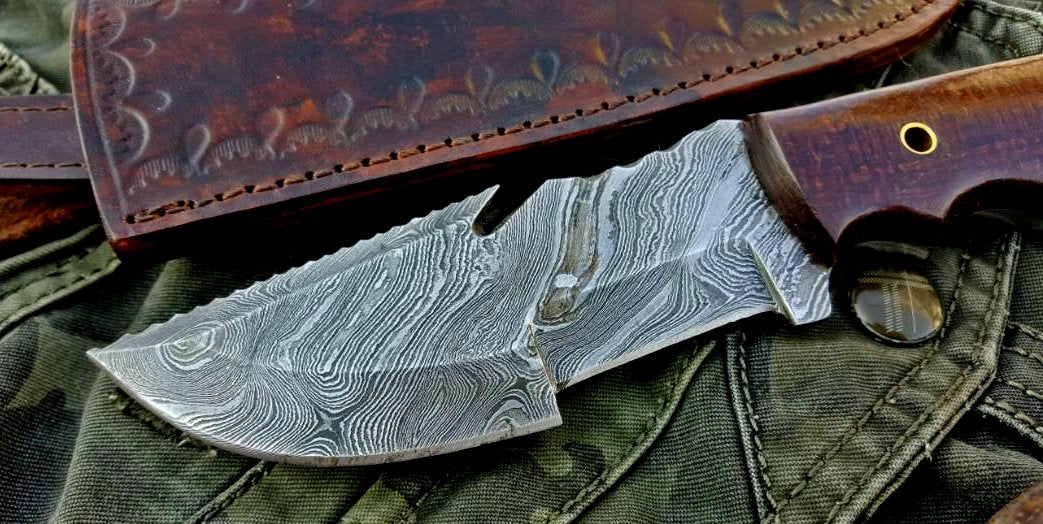 9.5-inch Damascus Steel Tracker Knife with Full Tang Blade and Leather Sheath