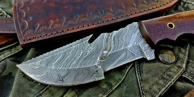 9.5-inch Damascus Steel Tracker Knife with Full Tang Blade and Leather Sheath